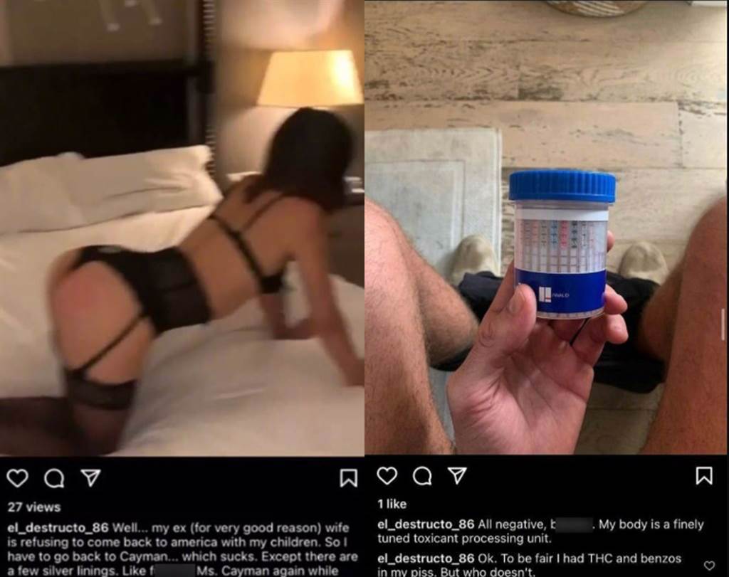 左圖：艾米漢默錄下清涼女子的影片，並留下露骨訊息。右圖：艾米漢默做藥檢。（圖／IG@ el_destructo_86）