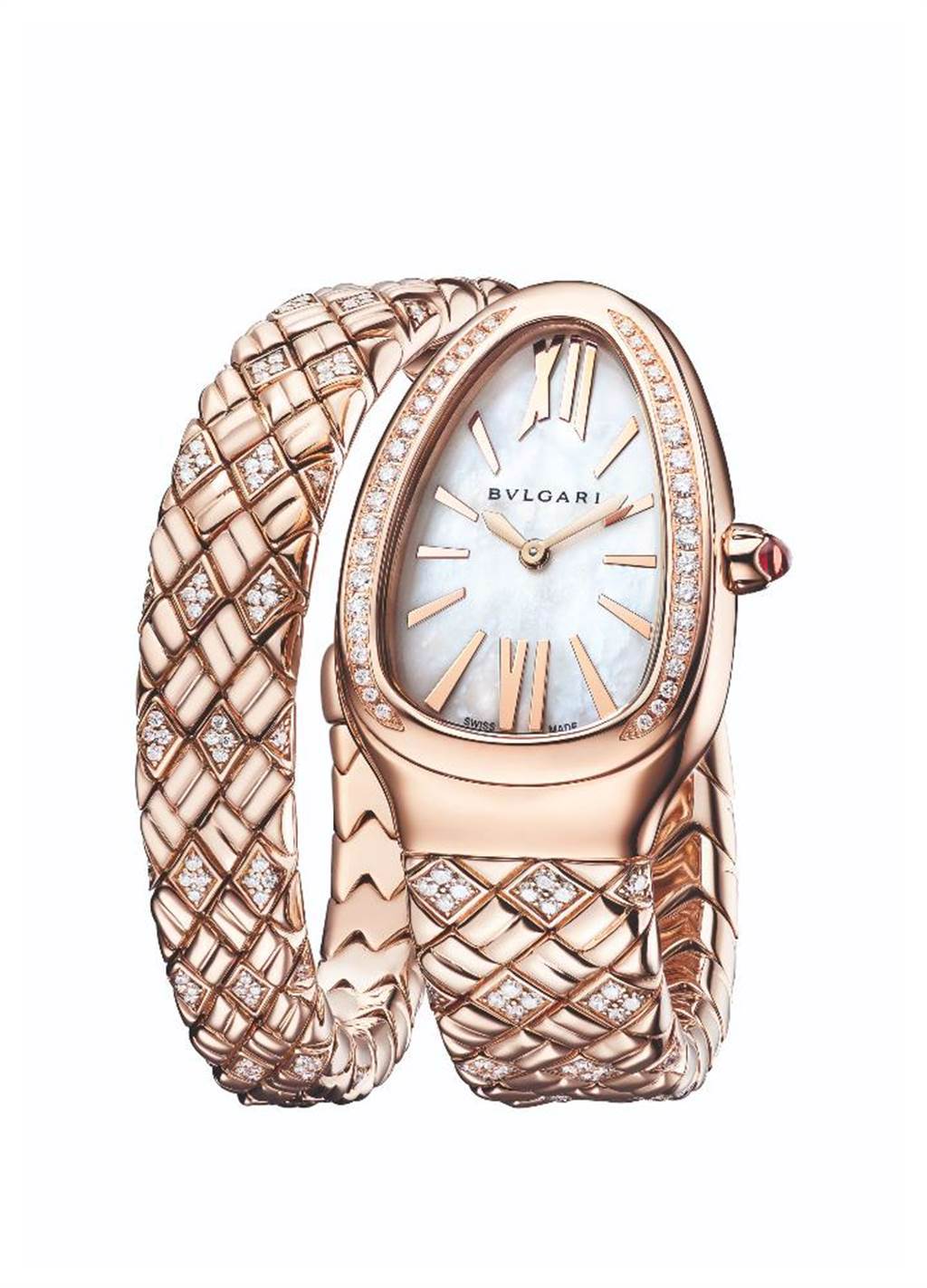 寶格麗Serpenti Spiga玫瑰金半鑽腕表，表鍊以麥穗為設計靈感，約143萬5000元。（BVLGARI提供）