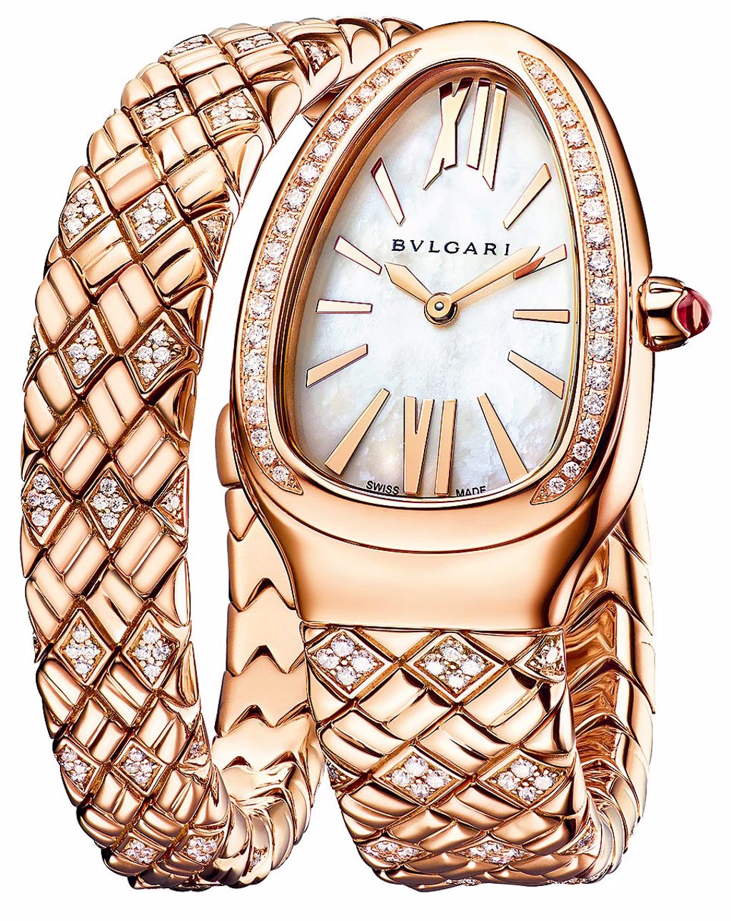 寶格麗Serpenti Spiga玫瑰金半鑽腕表，表鍊以麥穗為設計靈感，約143萬5000元。（BVLGARI提供）