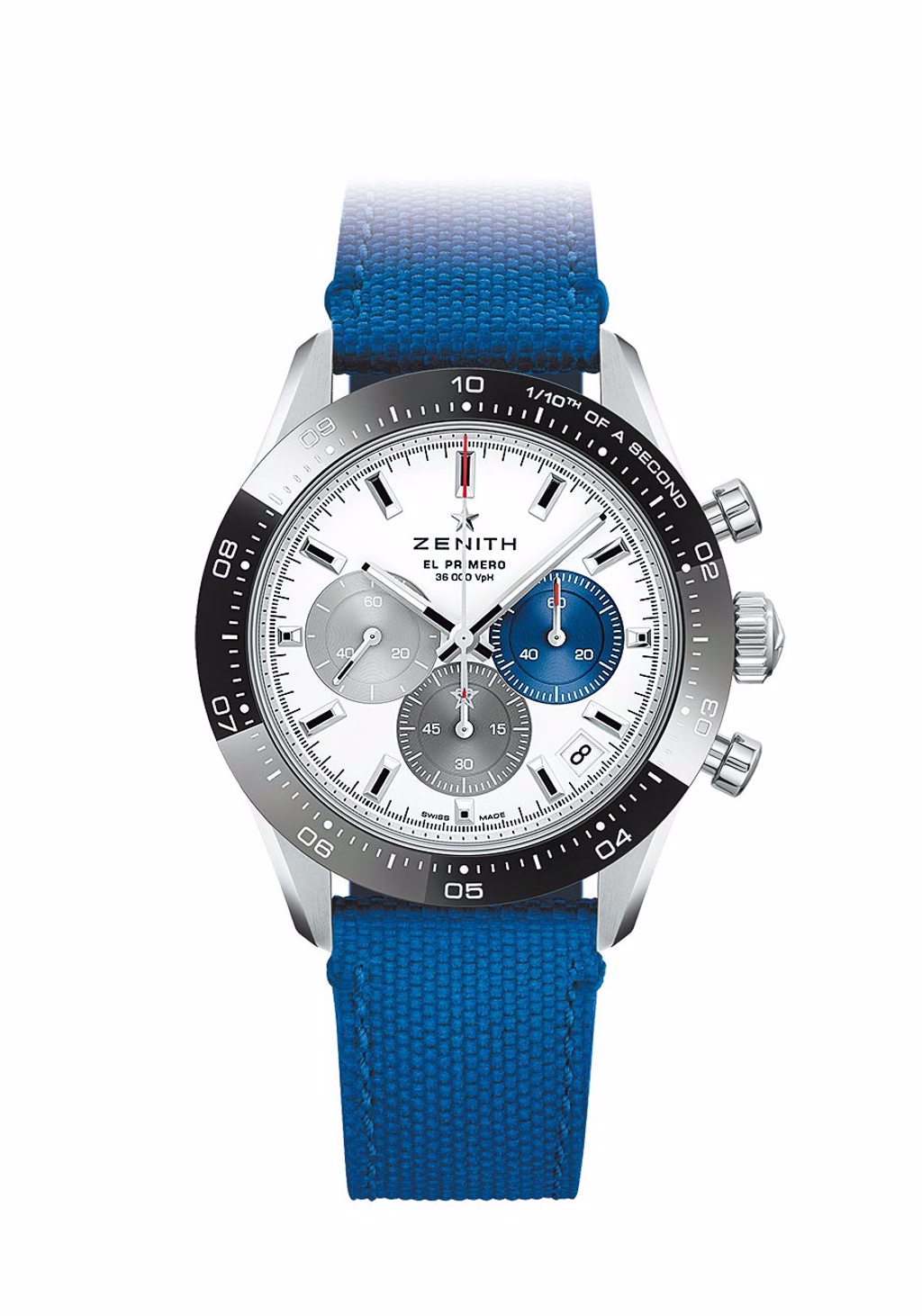 ZENITH今年主打款CHRONOMASTER Sport腕表，三色表盤設計十分時尚，且搭載升級機芯，30萬2100元。（ZENITH提供）