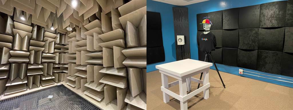 Google Tpark辦公室3F聲學實驗室（無響室與聆聽室（右））。（黃慧雯攝）