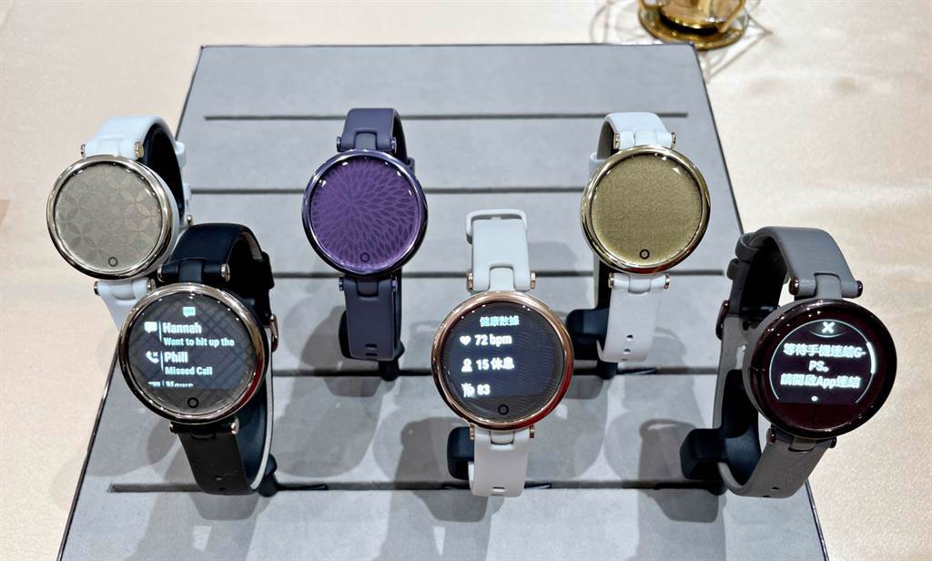 Garmin LILY智慧腕錶共有六款，錶殼、錶帶以及錶面印花皆不相同。（黃慧雯攝）