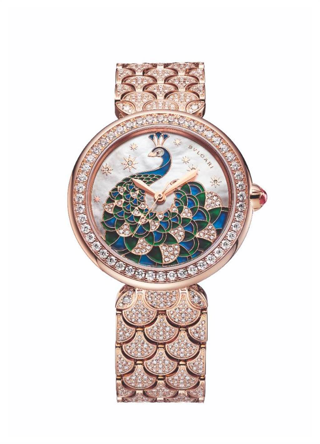 DIVAS’DREAM PEACOCK DIAMONDS孔雀鑽石腕表，融入琺瑯彩繪工藝，292萬9000元。（BVLGARI提供）