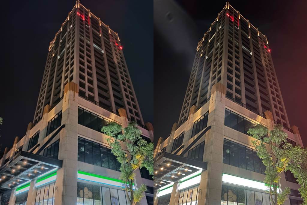 realme 7 5G（左）與iPhone 12 Pro夜間實拍對比（1）。（黃慧雯攝）
