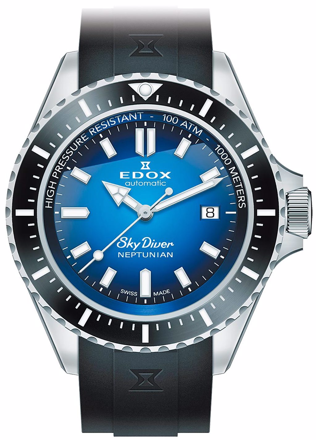 EDOX空降特戰（Skydiver）潛水表，具備深潛1000米自動排氦功能，4萬9800元。（EDOX提供）