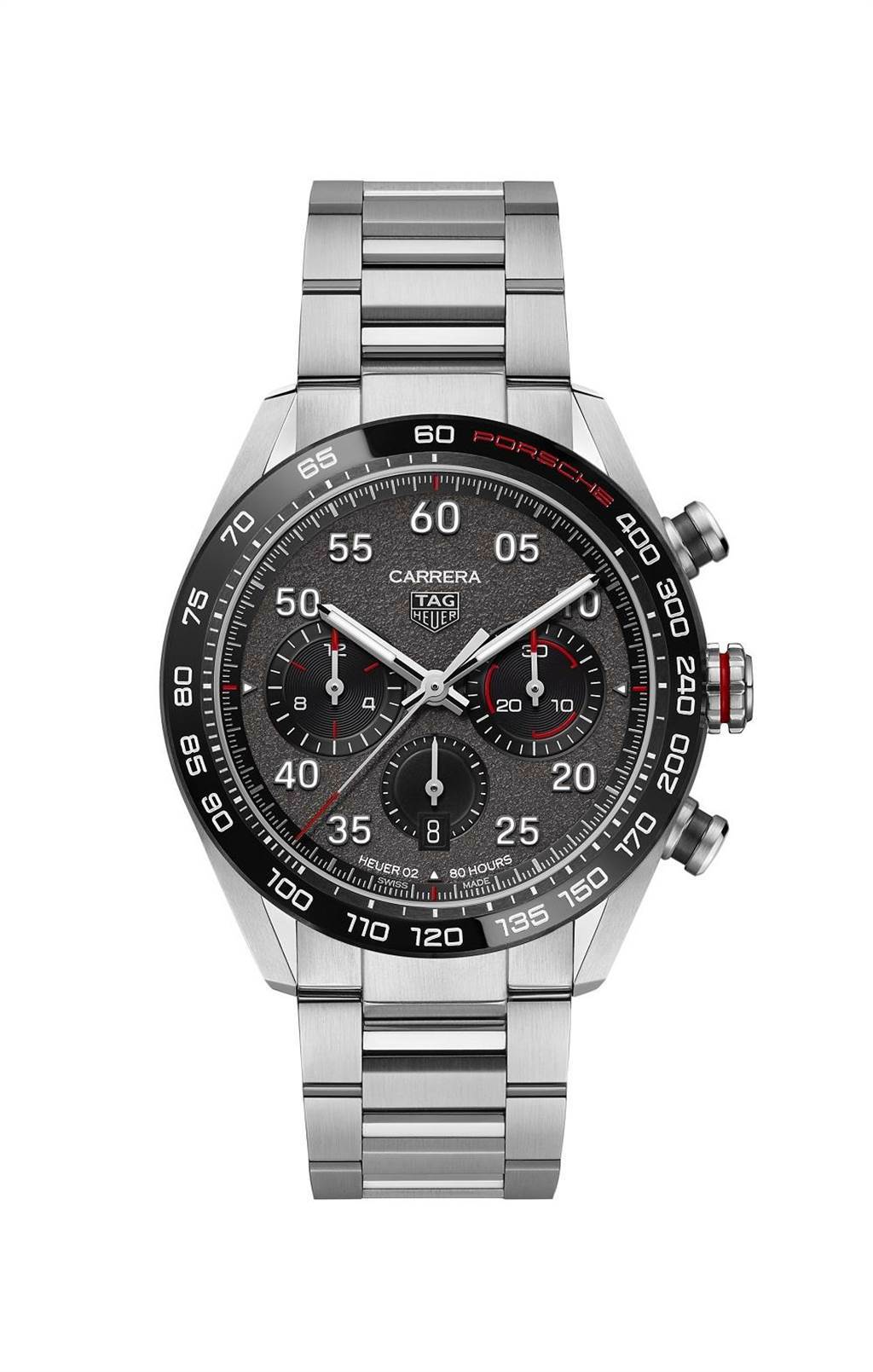 泰格豪雅TAG Heuer Carrera 保時捷自動計時腕表，鍊帶款19萬8500元。（TAG Heuer提供）