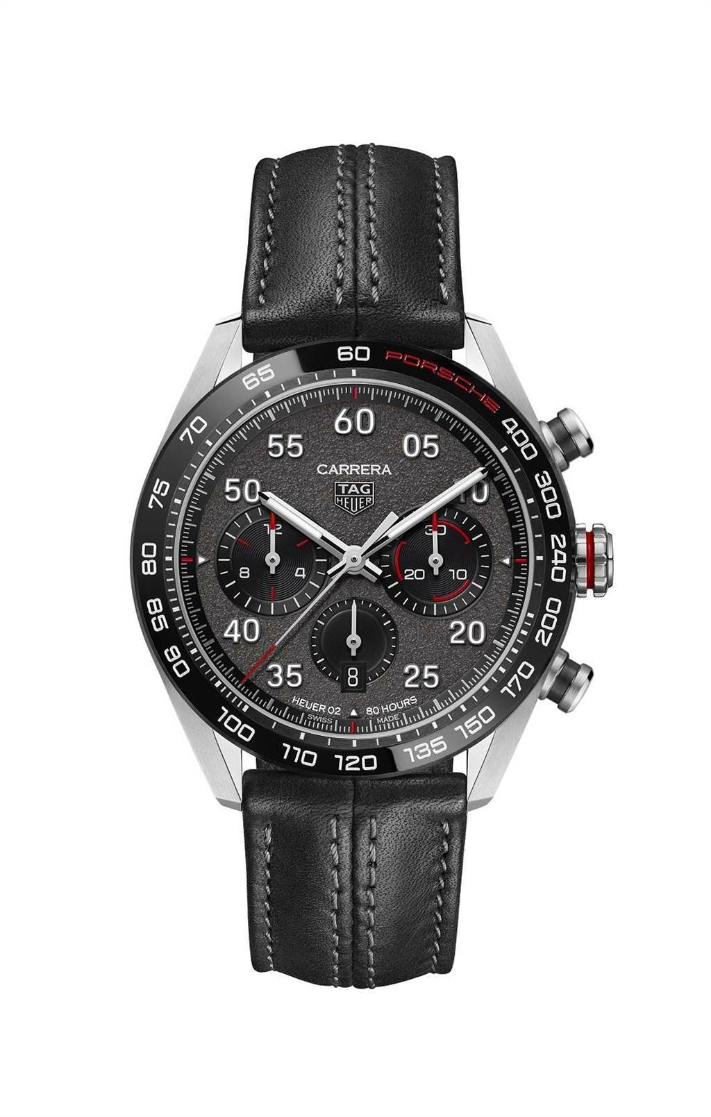 泰格豪雅TAG Heuer Carrera 保時捷自動計時腕表，皮帶款19萬1800元。（TAG Heuer提供）