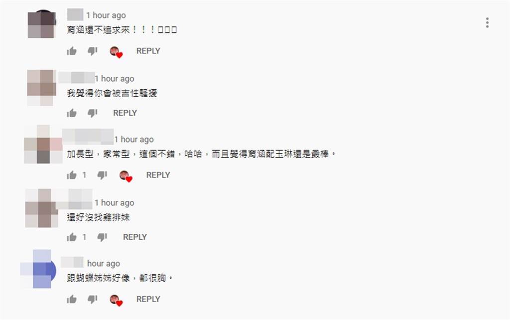 沈玉琳YouTube頻道，不敢點讚有關雞排妹的留言。(取自威廉沈歡樂送YouTube)