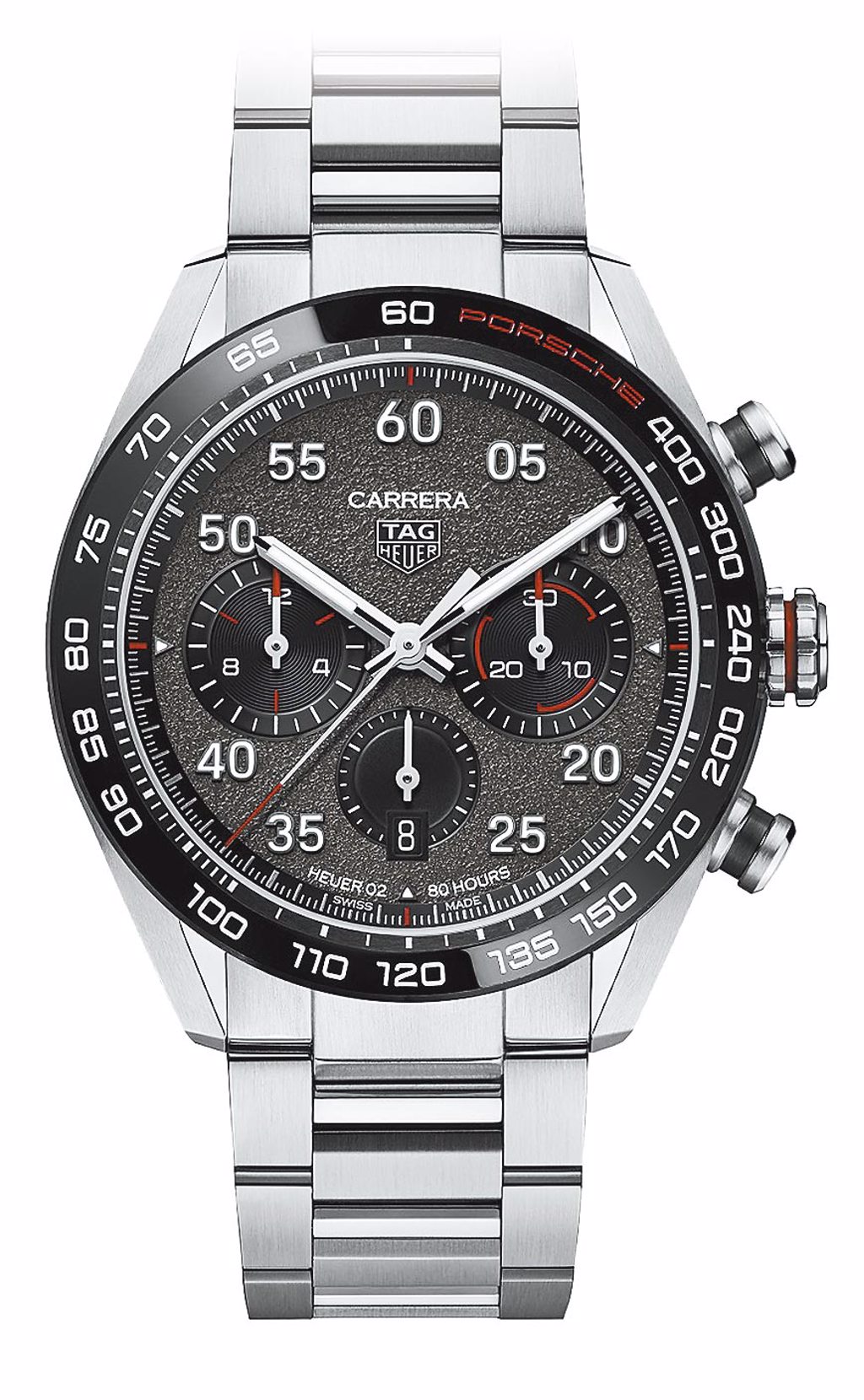 泰格豪雅TAG Heuer Carrera保時捷自動計時腕表，鍊帶款19萬8500元。（TAG Heuer提供）
