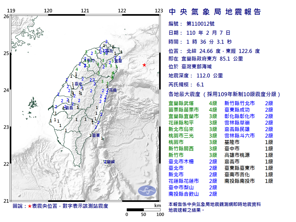 台灣東部海域今天凌晨發生規模6.1地震，氣象局地震測報中心表示，預估未來3、4天可能會有規模4左右餘震。(圖/氣象局)