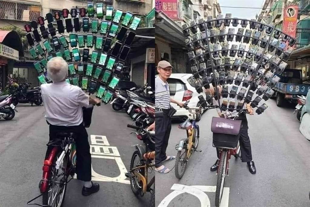 被網友稱為「寶可夢阿伯」的男子陳三元，日前將至少64支手機直接架在腳踏車上，如同一面手機擋風玻璃，畫面壯觀。(圖/截自臉書 爆廢公社)