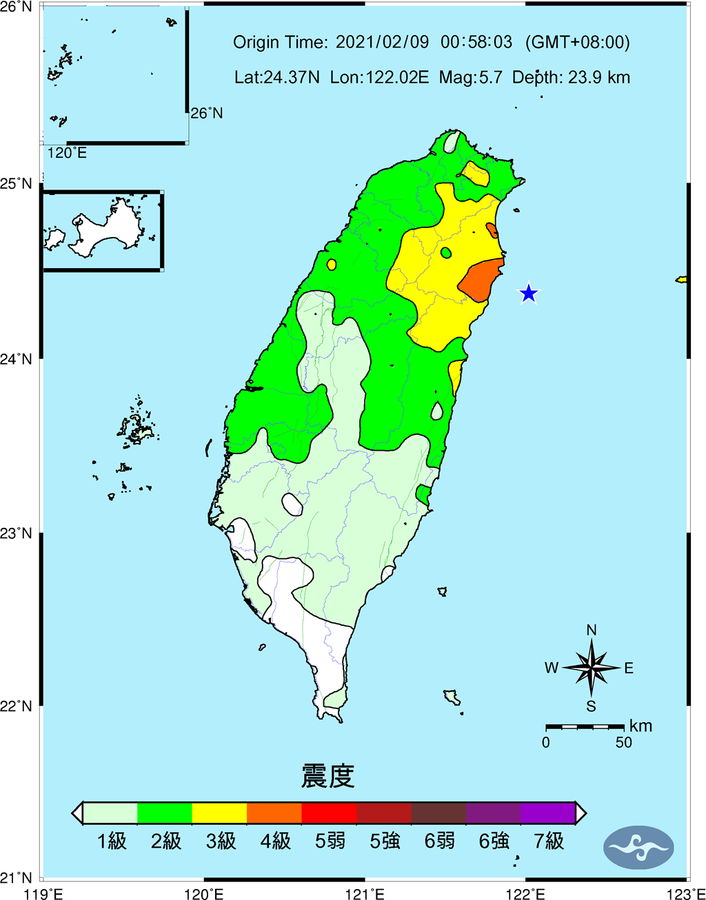 今天凌晨0時28分的5.7地震，宜蘭震度4級，北部多個地方震度達3級，國家警報卻沒有響。(氣象局)