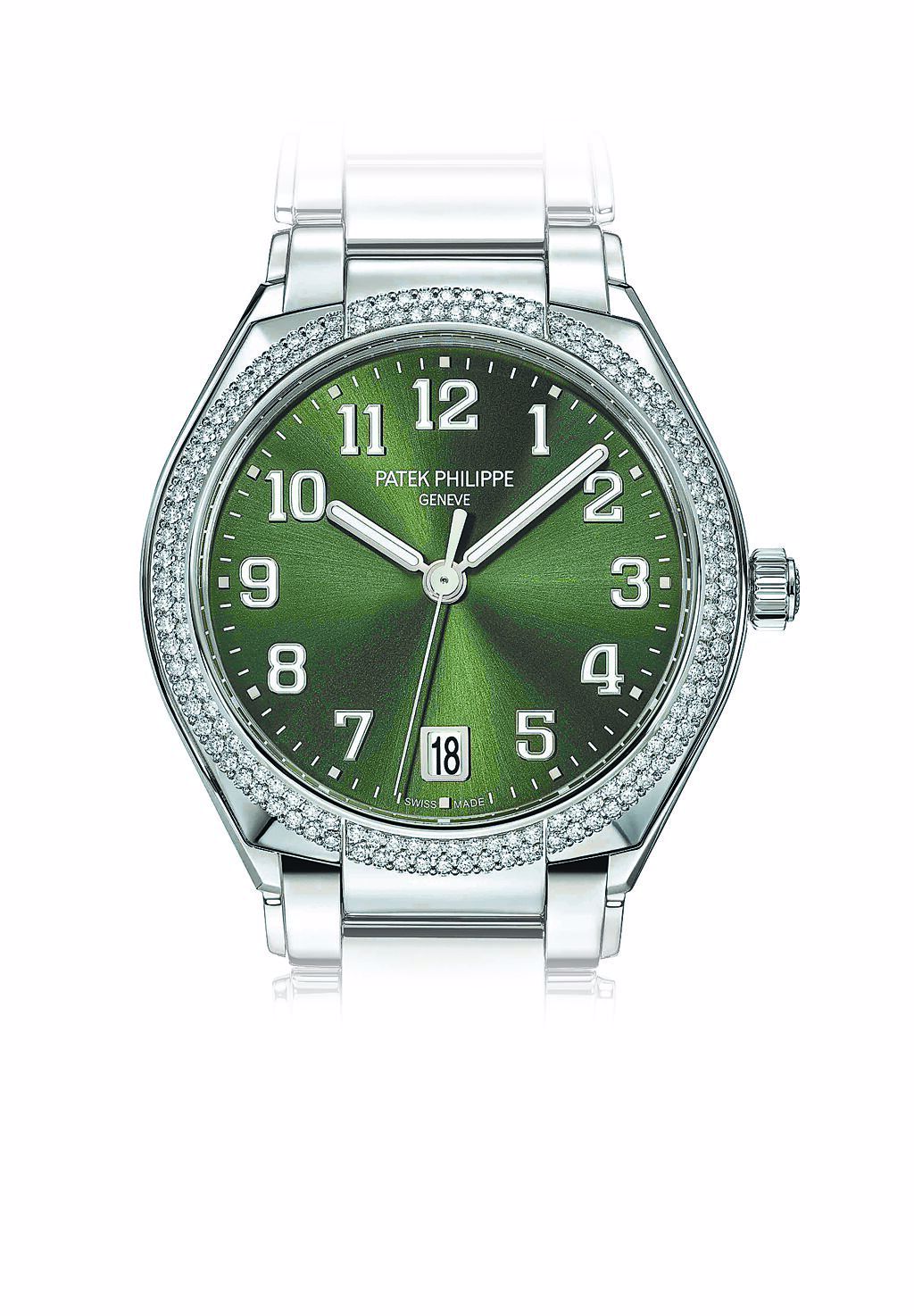 百達翡麗Twenty~4 Automatic編號7300/1200A-011不鏽鋼鑲鑽自動腕表，橄欖綠表盤面的設計十分罕見稀有，81萬1000元。（Patek Philippe提供）