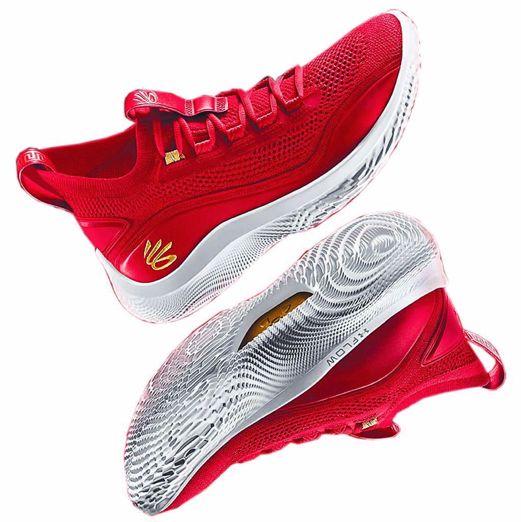 UNDER ARMOUR CURRY FLOW 8，以霸氣十足的紅色外觀，為籃球戰靴增添濃厚東方色彩，5280元。（UNDER ARMOUR提供）