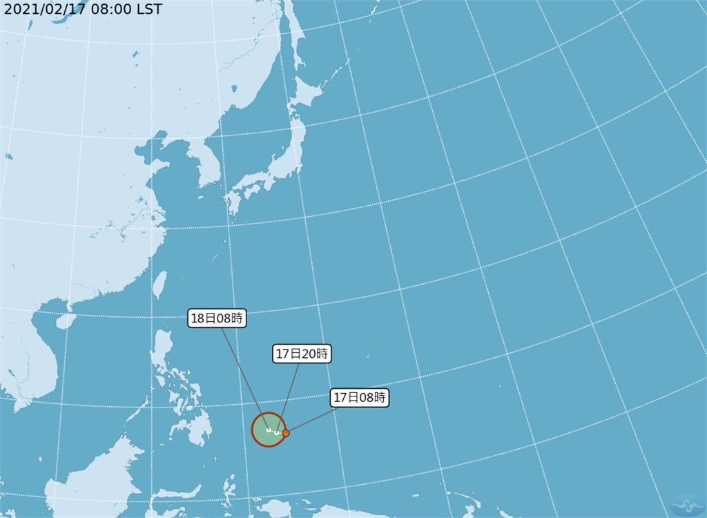 中央氣象局表示，該低氣壓有機會明(18)日發展為今年首颱「杜鵑」，預計下周二(23)中層水氣輸送到台灣附近，不過對台灣無直接影響。（取自氣象局）