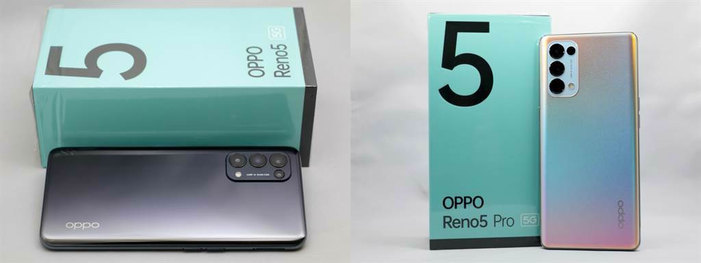 OPPO Reno5包裝（左）與OPPO Reno5 Pro包裝。（黃慧雯攝）