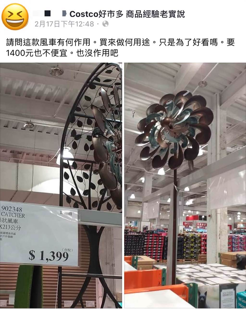 這款商品名為「花朵形狀風車」，高度為213公分，在買場裡展示看起來相當顯眼。(圖擷取自Costco好市多 商品經驗老實說)