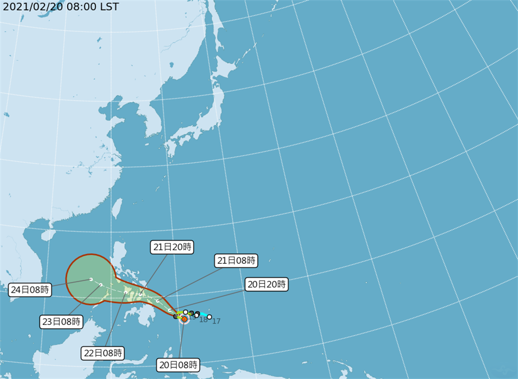 杜鵑颱風今天8時以每小時23公里速度，向西北西進行。（翻攝自中央氣象局／林良齊台北傳真）