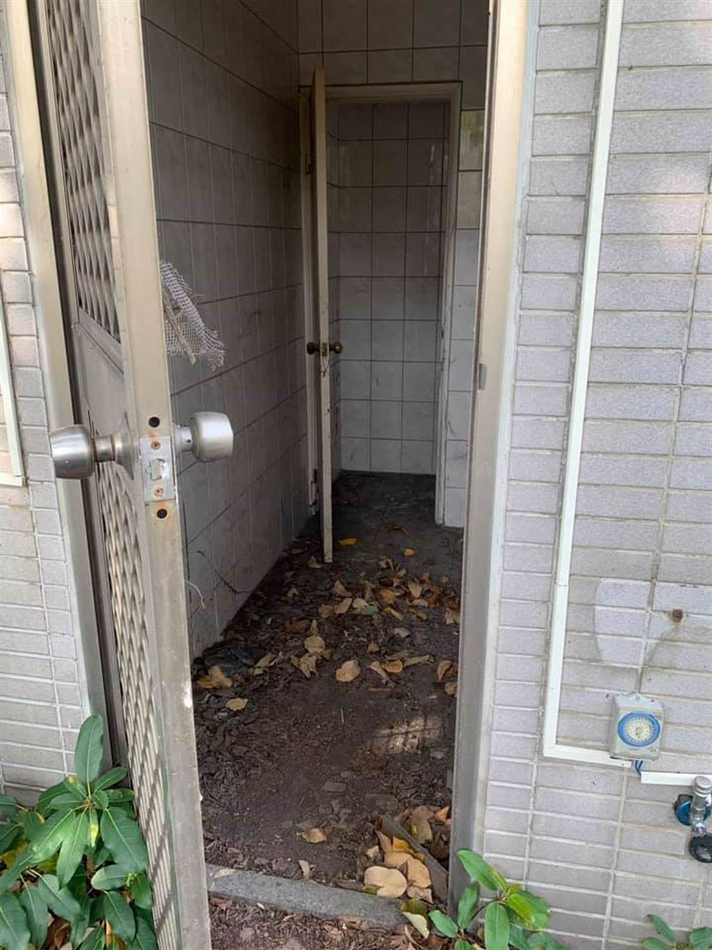該公廁的入口走道十分昏暗，地面充滿落葉。（圖／翻攝自爆廢1公社）