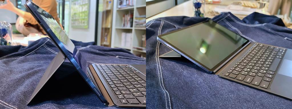 三星Galaxy Tab S7+搭配書本式鍵盤皮套可有多種支撐角度。（黃慧雯攝）
