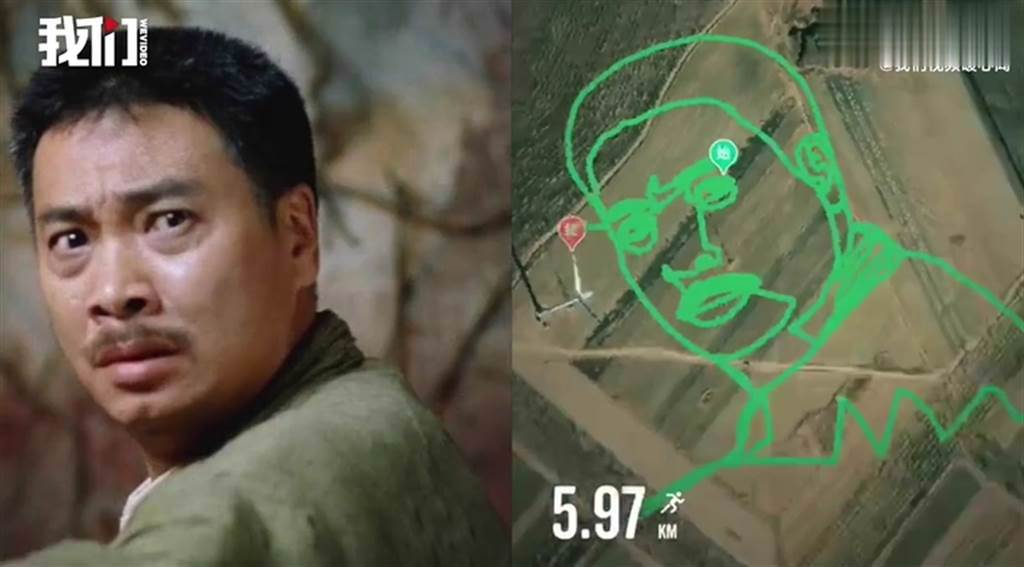 男子用跑步的方式畫出吳孟達的模樣。(圖/翻攝自微博)