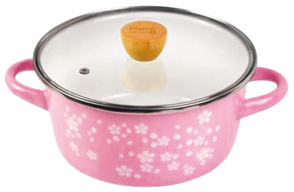 樂天市場的夏莉居家生活坊GOZENBO御膳坊櫻花琺瑯雙耳湯鍋附蓋，629元。（樂天市場提供）