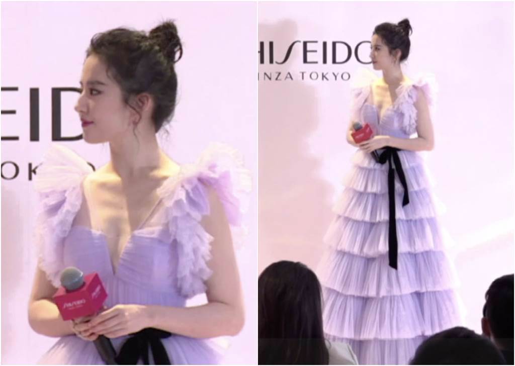 劉亦菲今日出席品牌活動，以紫櫻色禮服優雅出席。（圖／微博@娱乐有饭）