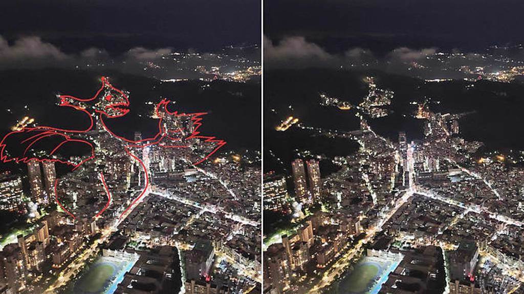 夜晚街燈亮起，可在台北101觀景台南面可以找找噴火龍。（旅遊經提供）