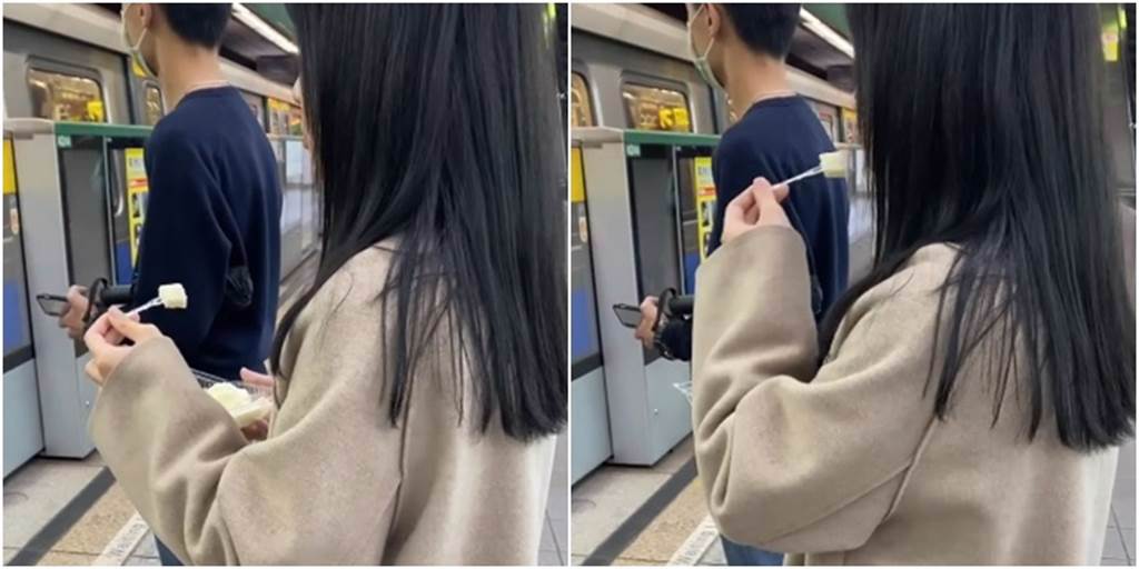 一名長髮妹子在捷運月台大剌剌地吃水果，遭網友PO上網。（圖／翻攝自爆怨公社）