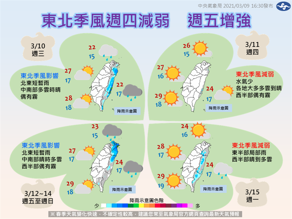 氣象局指出，這波東北季風將在周四減弱，屆時臺灣多數地區將轉為多雲到晴天氣，氣溫有回升的趨勢。(氣象局)