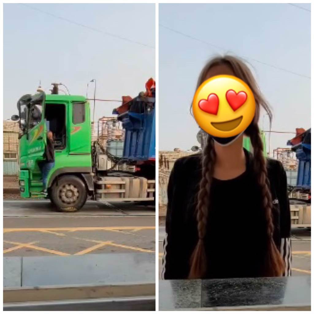 一名正妹女司機開著大卡車，緩緩走下車的影片在網上瘋傳，讓大批網友暴動。(圖擷取自爆廢1公社)