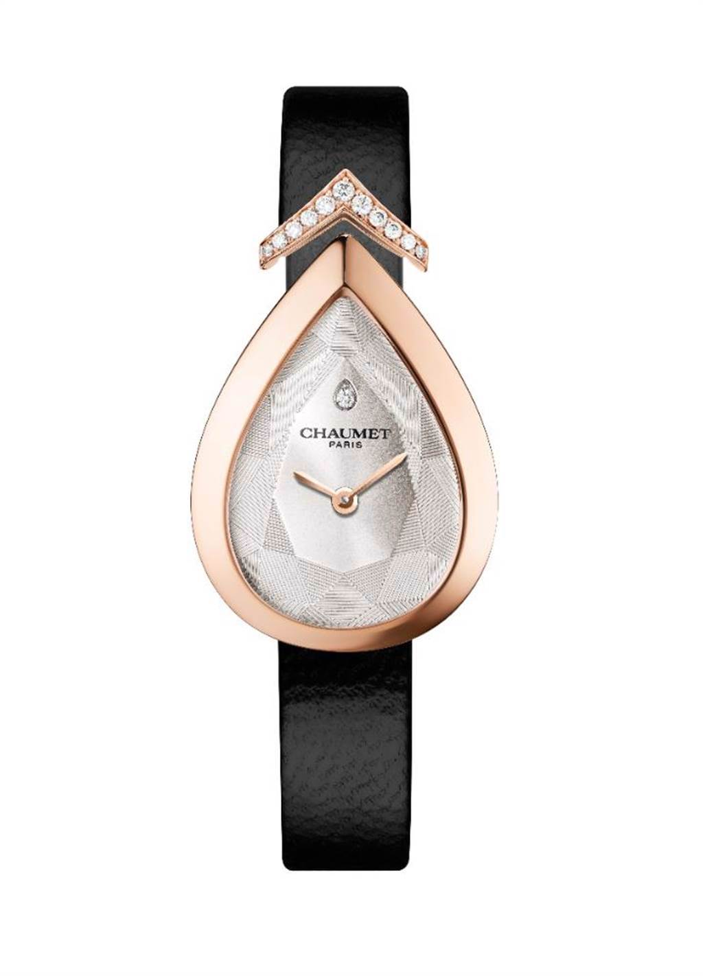 圖十：CHAUMET以梨形鑽石為靈感打造Josephine Duo Eternel玫瑰金腕表，23萬1000元。（CHAUMET提供）