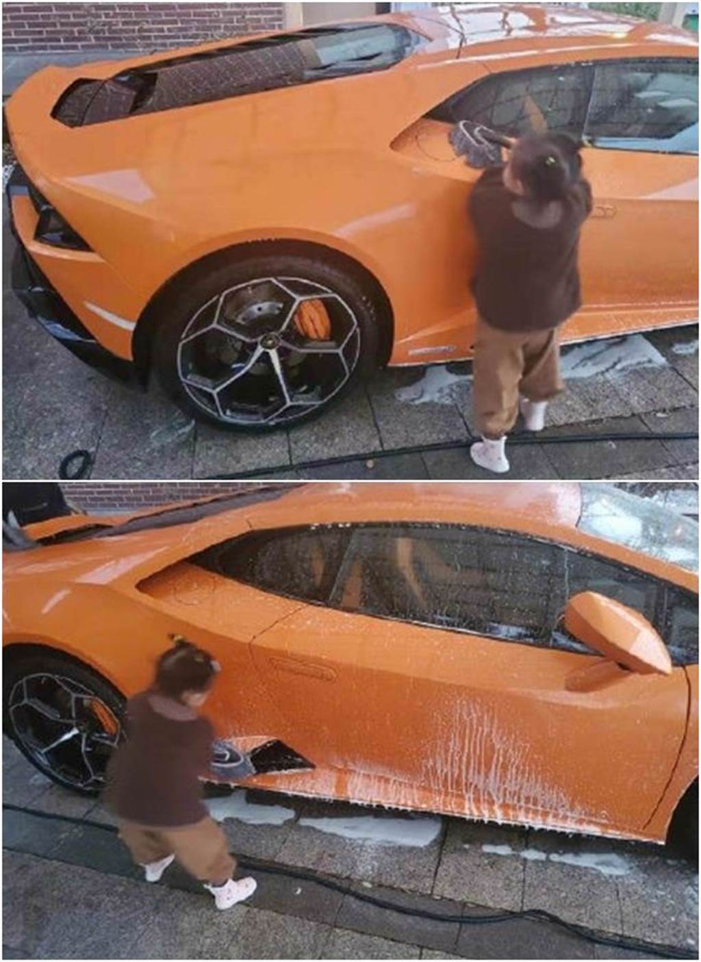 3歲大福洗車的身影相當可愛。（圖／翻攝自微博）
