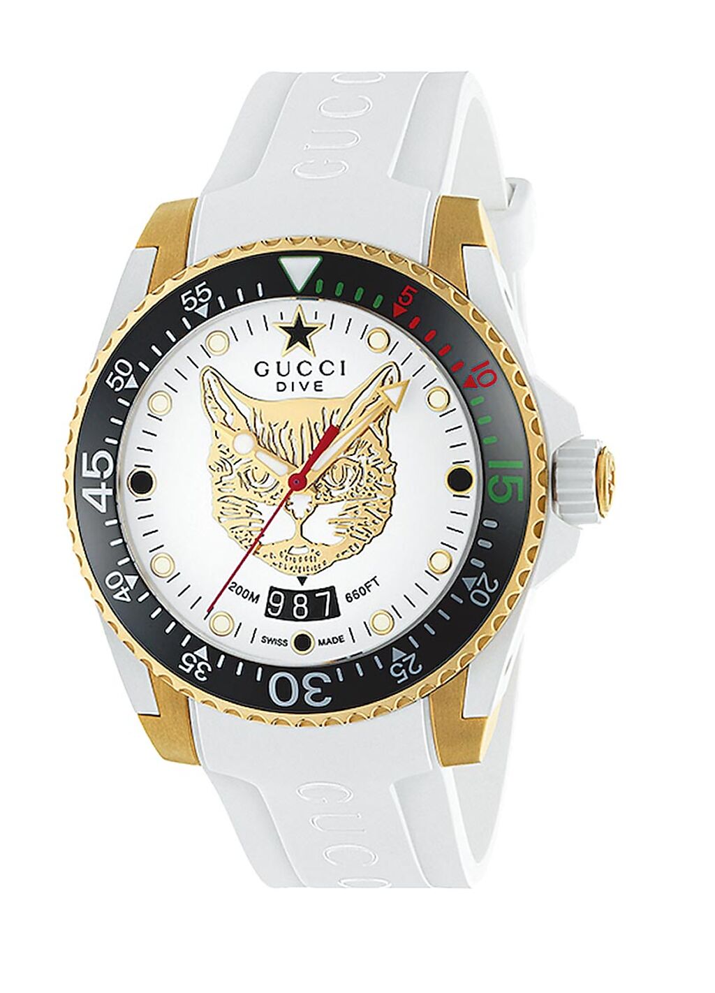 遠百信義A13 GUCCI Gucci Dive大碼40mm，白色表面飾以黃金色貓科動物圖案，白色橡膠表帶，5萬1000元。（遠百提供）