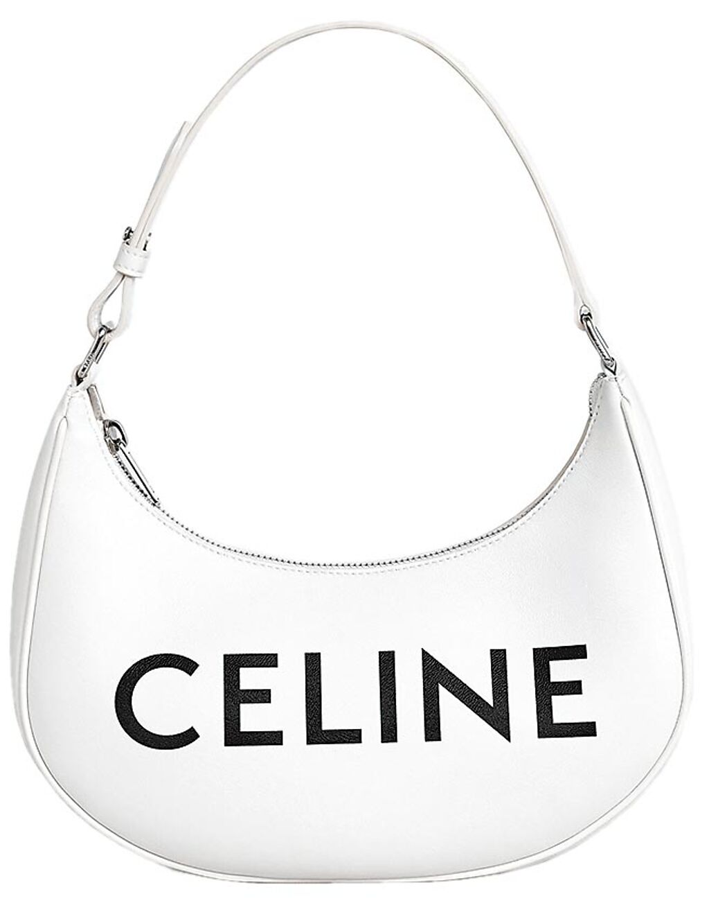 Celine AVA BAG白底黑logo小牛皮半月包，黑白配色相當吸引人，5萬5000元。（Celine提供）