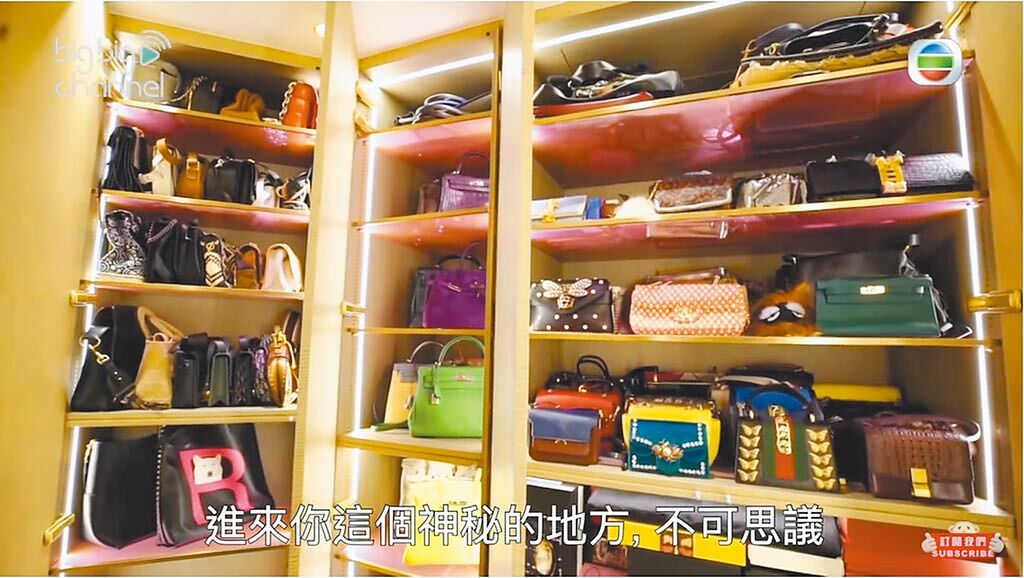 關之琳公開自己的6億豪宅，光衣帽間就多達10個大型櫃子，擺放上百雙高跟鞋、上百個名牌包。（摘自YouTube）