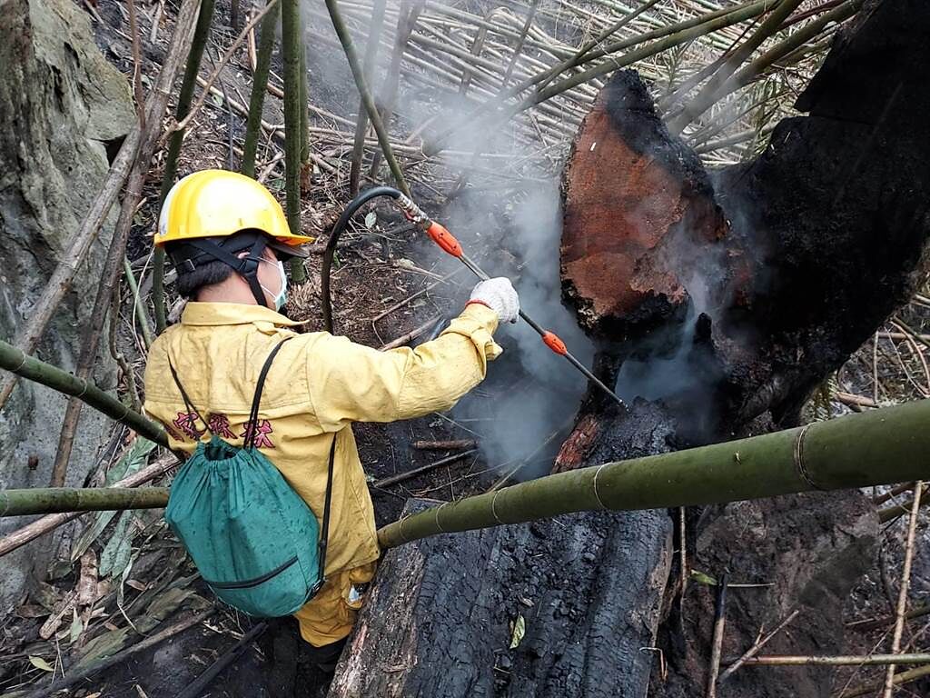 森林護管員進入火場布置水線採直接灌救滅火及火場殘火處理，截至目前為止火勢仍未完全熄滅。（嘉義林區管理提供∕呂妍庭嘉義傳真）