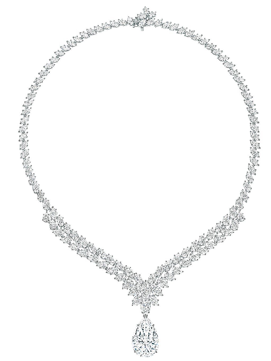 海瑞溫斯頓頂級珠寶系列水滴型切工鑽石項鍊，主石為34.27克拉水滴型Type IIa美鑽，4億25萬元。（Harry Winston提供）