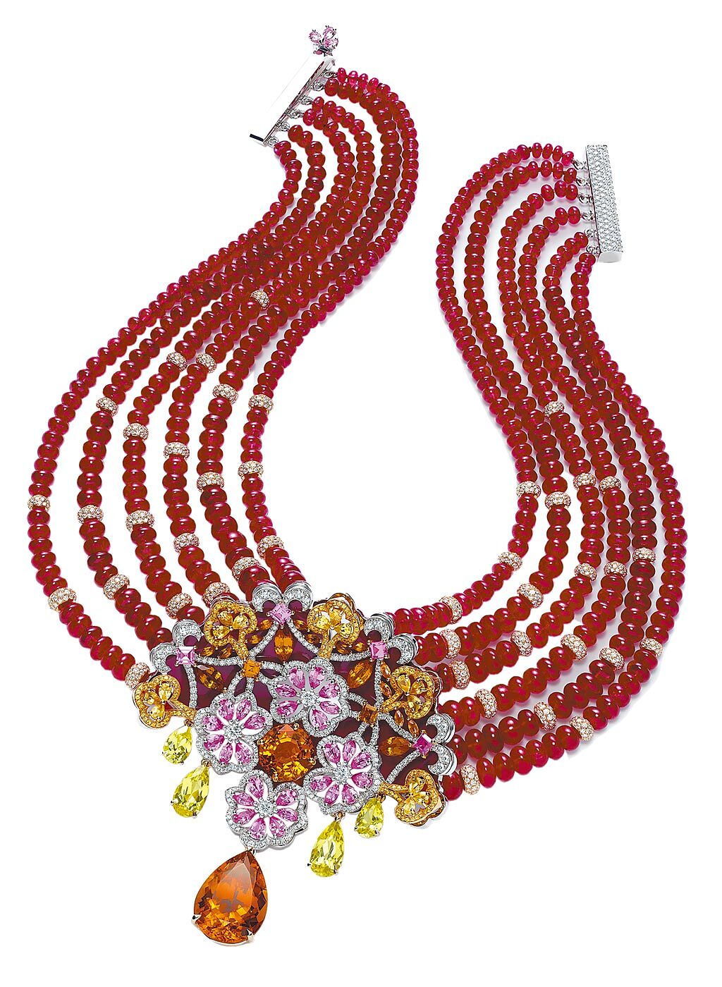 蕭邦紅地毯系列紅寶石項鍊，紅寶石、石榴石、剛玉等，2023萬元。（CHOPARD提供）