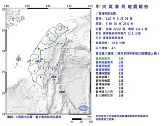臺東芮氏規模4.5地震 最大震度3級