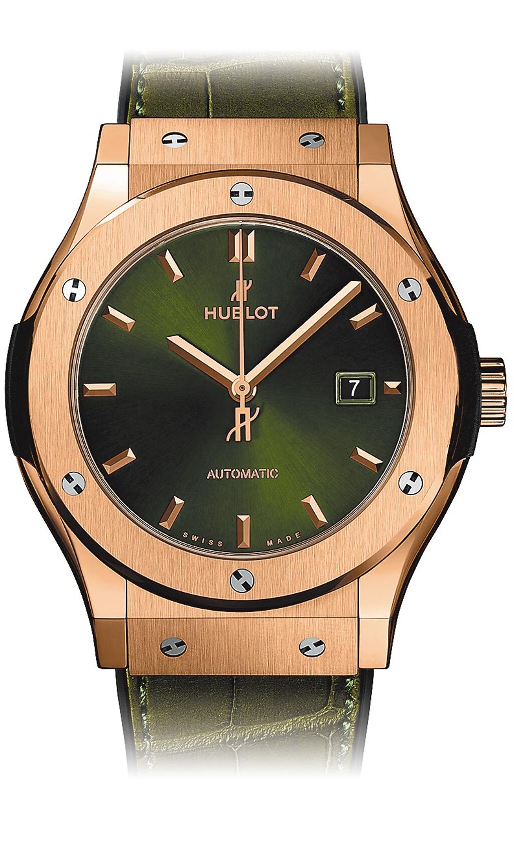 HUBLOT宇舶表經典融合系列皇金綠色腕表，59萬9000元。（HUBLOT提供）