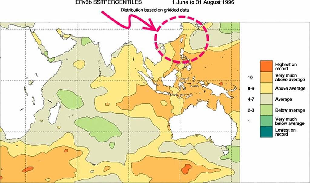 澳洲氣象局資料顯示，1996年6~8月印度洋反聖嬰，在範例圖上台灣好像有偏 「多雨」的現象。（圖擷自鄭明典臉書）