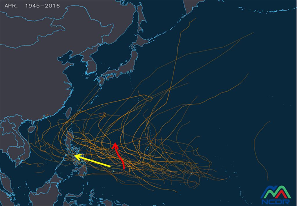 根據最新模式10天的模擬路徑顯示，美國（GFS）模擬在帛琉東側北上（紅線），歐洲（ECMWF）則是模擬抵達菲律賓中部（黃線）。而歷史上四月颱路徑（細橙線）顯示。（圖／翻攝自「三立準氣象· 老大洩天機」）