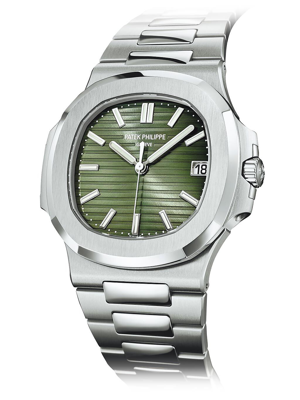 百達翡麗在表展端出金鷹Nautilus系列Ref.5711/1A-014腕表，而且是熱門的橄欖綠表盤，101萬8000元。（百達翡麗提供）