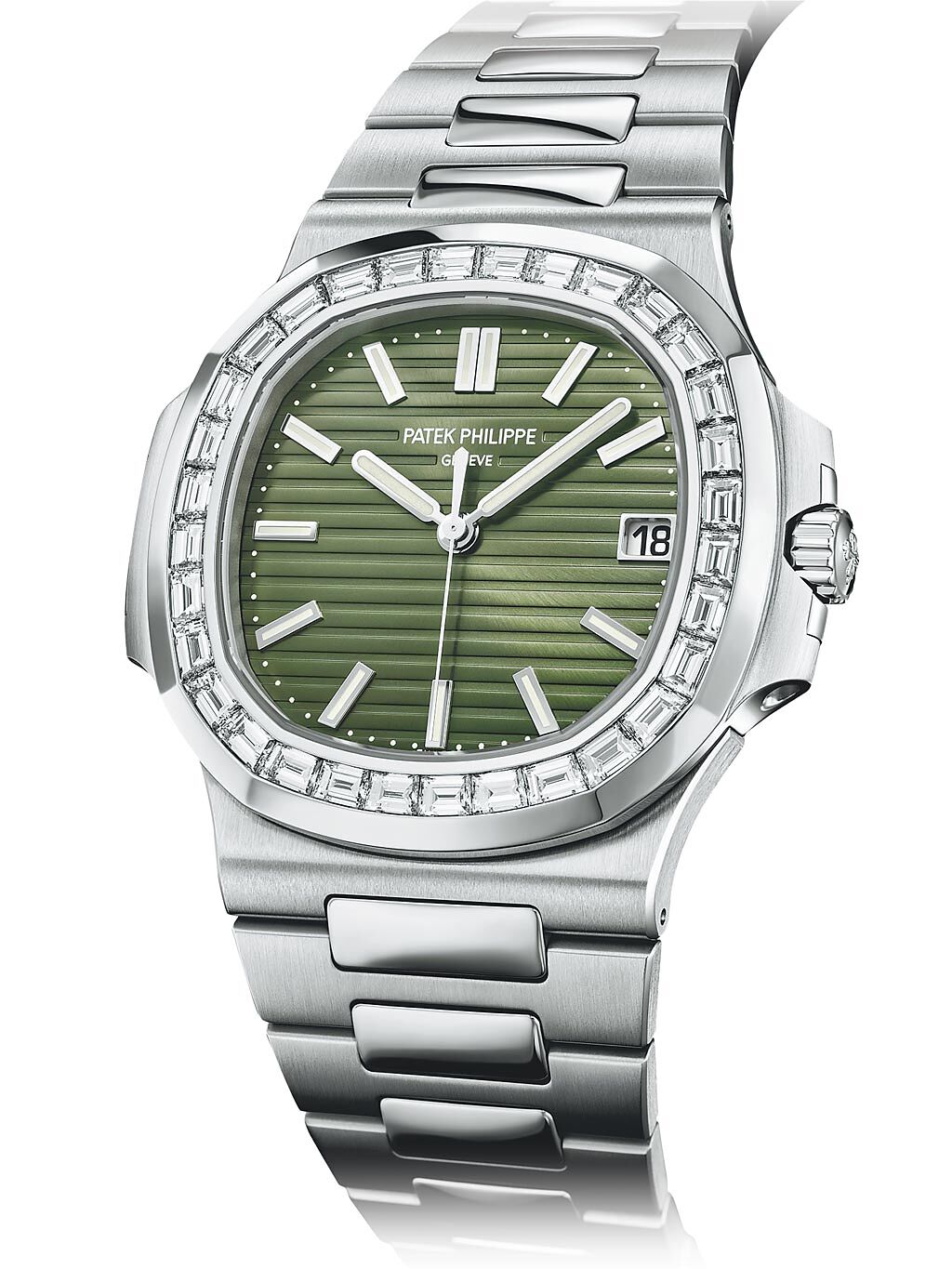 百達翡麗金鷹Nautilus系列Ref.5711/1300A-001腕表，不鏽鋼表殼鑲鑽，同樣是熱門的橄欖綠表盤，276萬元。（百達翡麗提供）