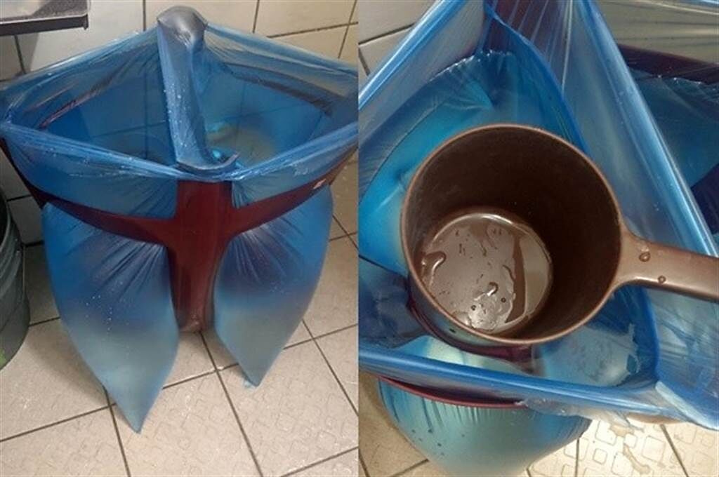 網友PO出用椅子加塑膠袋儲水，直接放在廁所洗手用，方便又省空間，(圖/截自臉書大里人聊天室)
