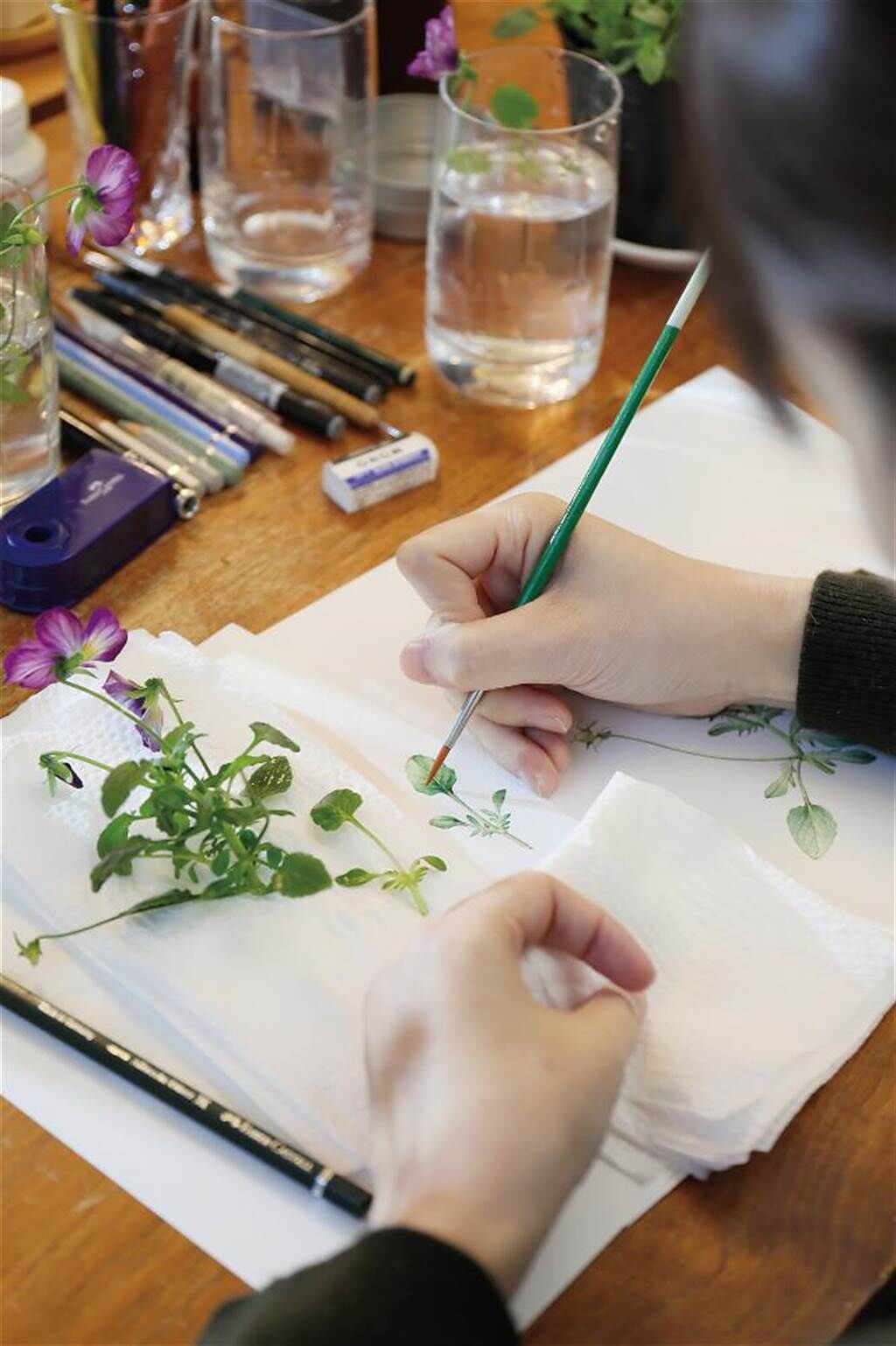 圖鑑式繪畫講究細節，葉脈、花序、花蕊……一筆筆勾勒在紙上，美麗的作品背後，是磨練心性的考驗。(圖/林格立提供)
