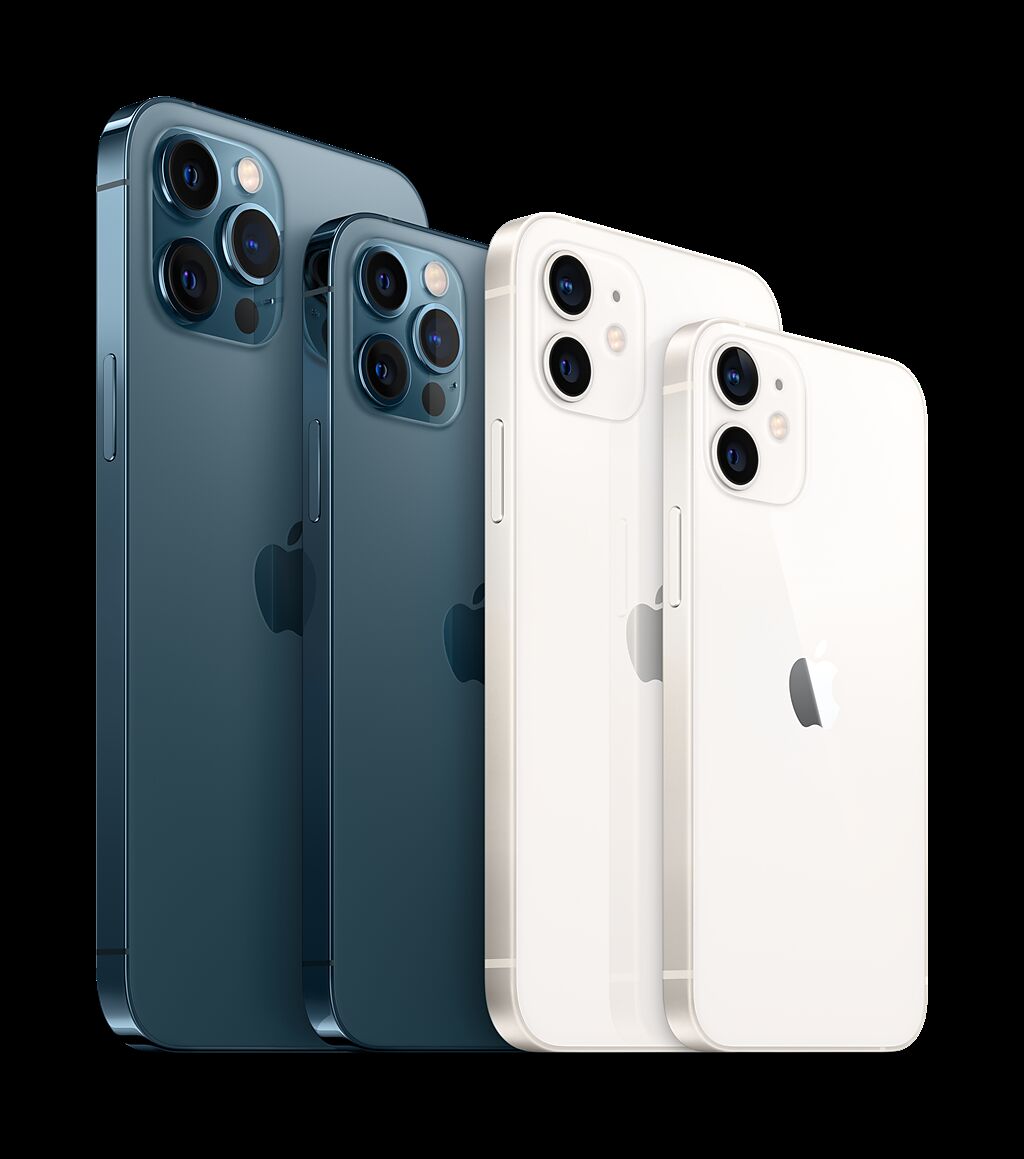 圖為iPhone 12系列（包含6.7吋iPhone 12 Pro Max、6.1吋的iPhone 12 Pro、iPhone 12，以及5.4吋螢幕的iPhone 12 mini）。（蘋果提供）
