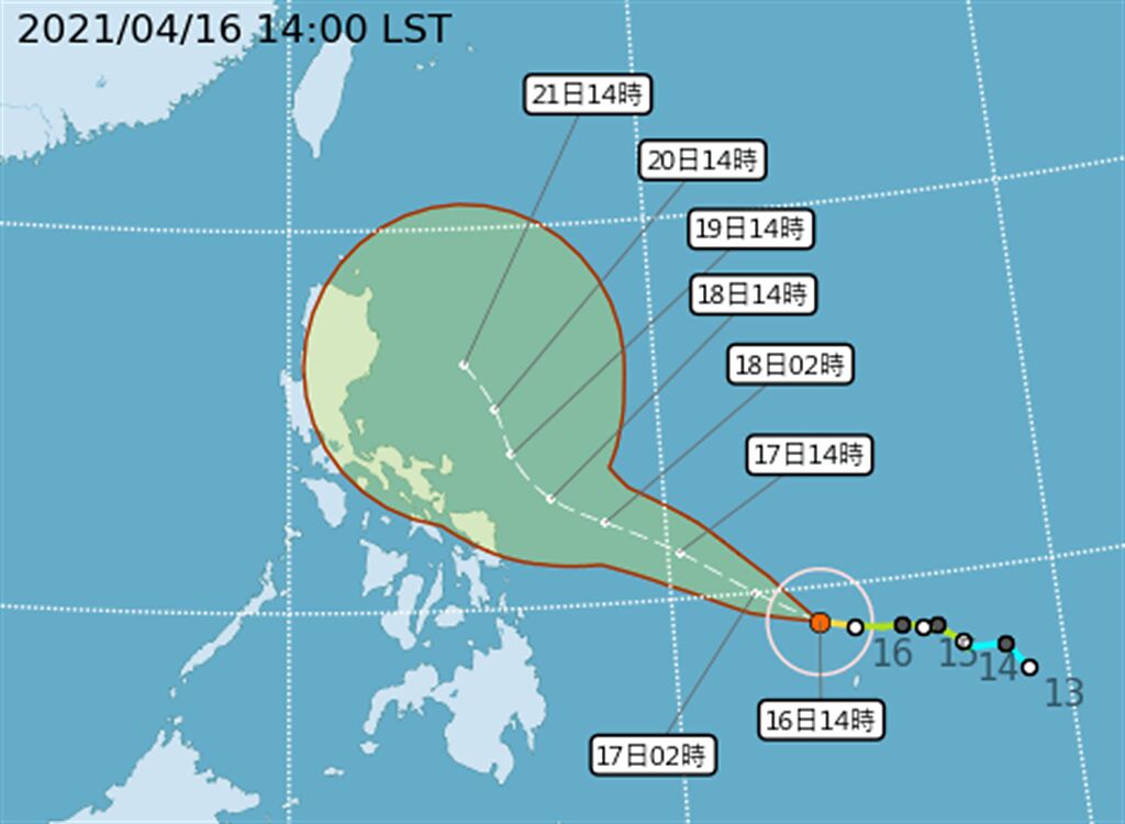 中央氣象局表示，中颱舒力基持續緩慢朝西北西前進，預估到達菲律賓東方海面後將逐漸北轉，隨後朝東北方向前進。（氣象局提供）