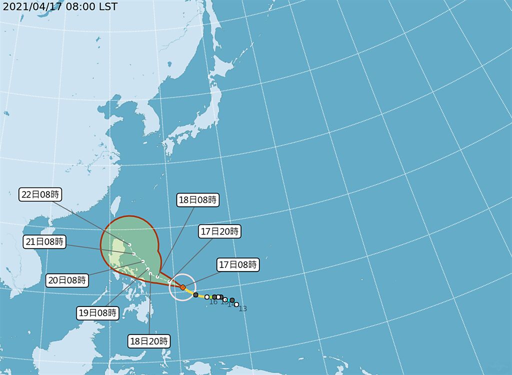 中央氣象局指出，舒力基颱風，今天凌晨2時的中心位置在雅浦島西方660公里海面上。（翻攝自中央氣象局／林良齊台北傳真）